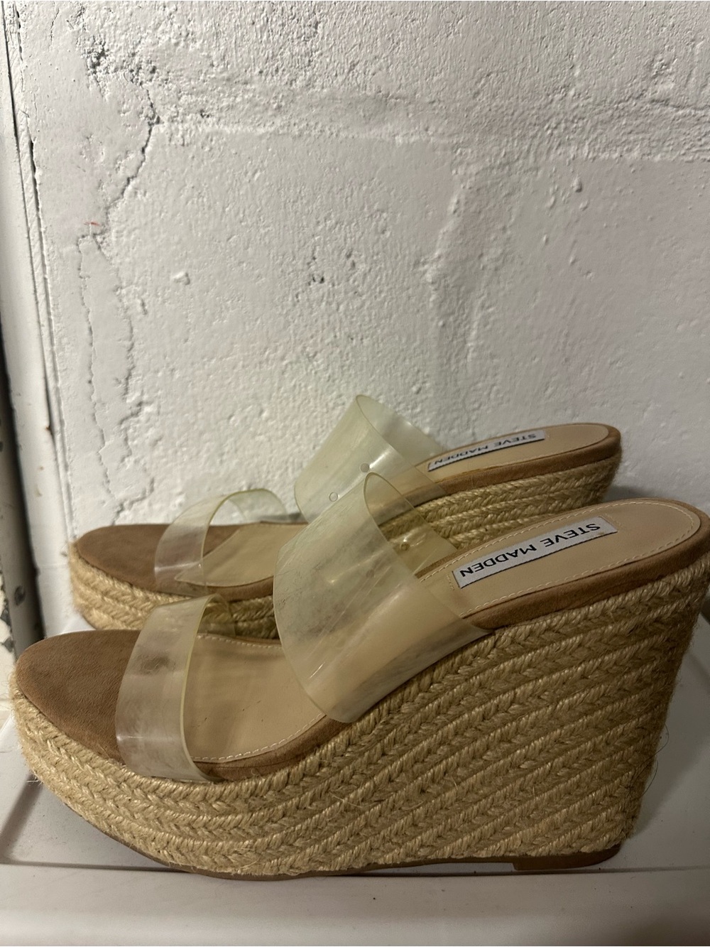 Steve Madden Clear Strap Espadrille Wedges with Natural Jute Platform